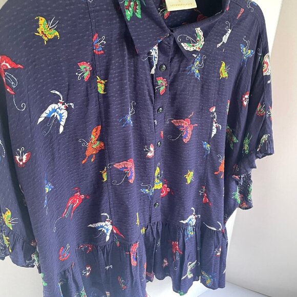 Anthropologie Blouse Womens Medium Blue Butterfly Short Sleeve Button Peplum Hem - Picture 9 of 14